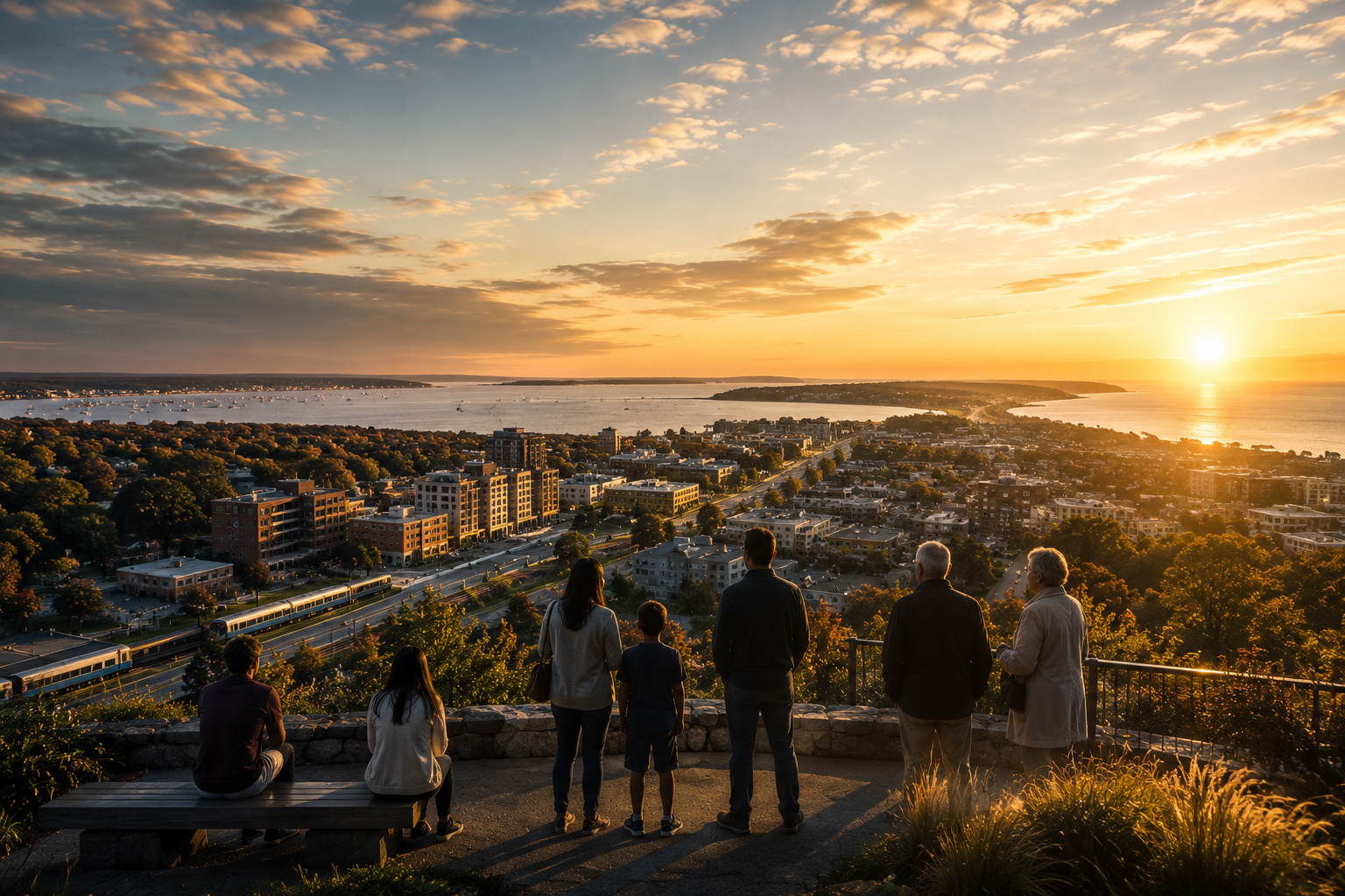 Long Islanders gathered at a hilltop overlook at sunset, looking out over their harbor town