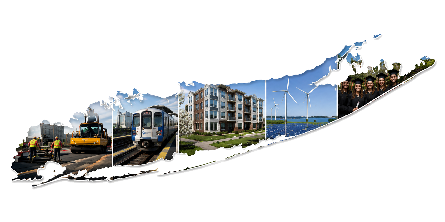 Long Island depicted as a collage of photographs — road construction, the LIRR rail corridor, new housing, offshore wind and solar energy, and graduating students