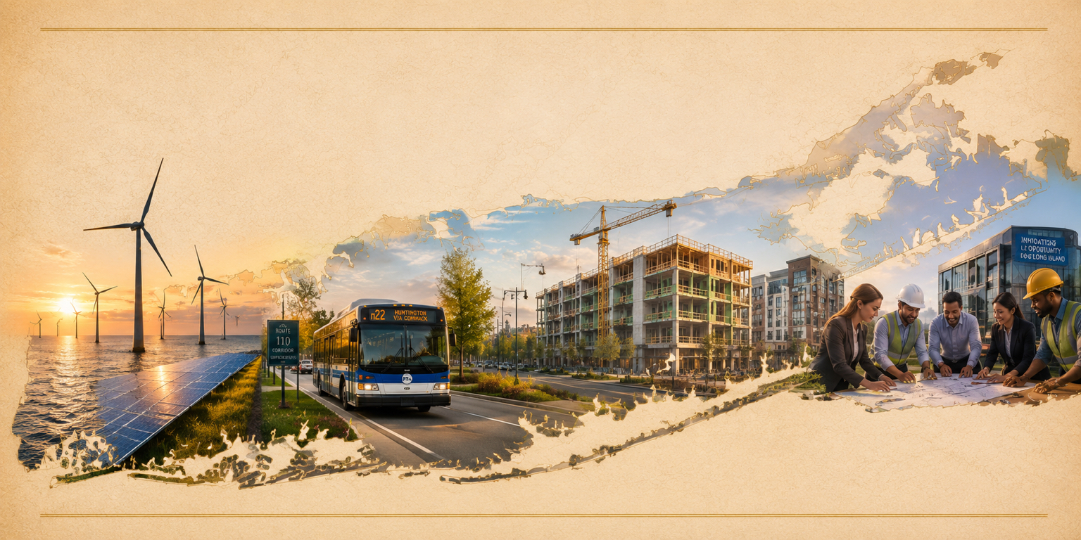 Long Island as a collage — offshore wind turbines and solar panels, a Suffolk Transit bus on a transit corridor, new mixed-use construction, and business and trade professionals reviewing plans, set over a map of the Island