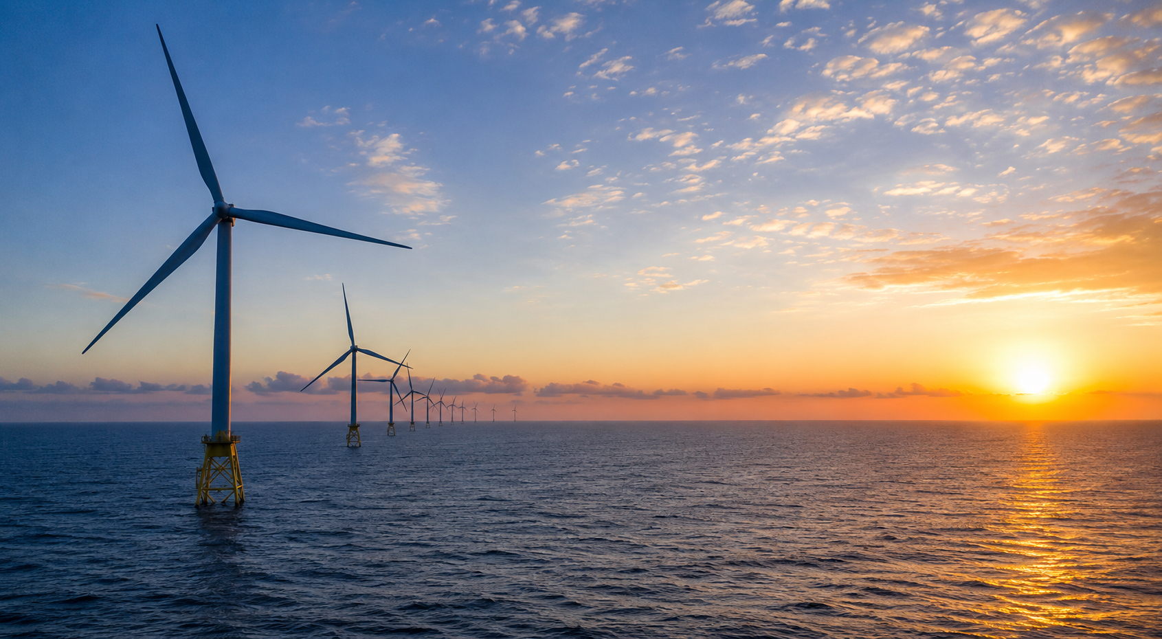 Offshore wind turbines off Long Island at sunset